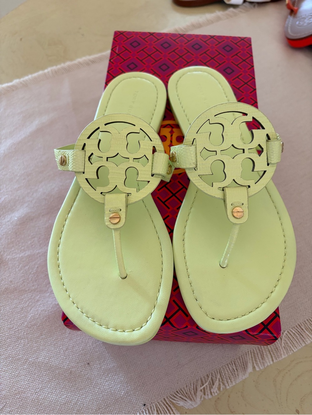 Tory Burch Miller Sandals Lime Leaf size 7 with Gold Accents